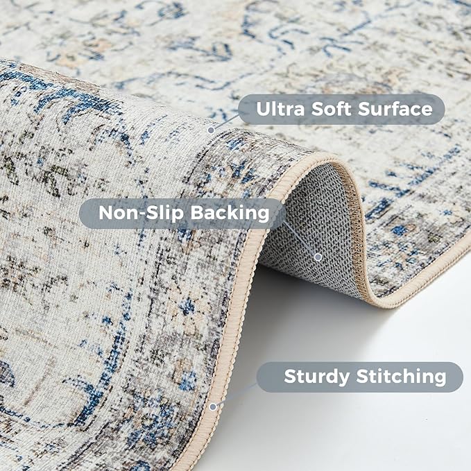 jinchan Kalen Area Rug 6x9 Washable Living Room Rug Vintage Indoor Large Floor Cover Retro Distressed Floral Country Boho Lightweight Non Slip Thin Carpet for Kitchen Bedroom Dining Room Office Blue