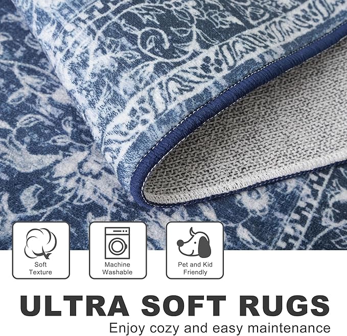 KILOCOCO Hallway Runner 2x5 Printed Vintage Floral Washable Kitchen Runner Rug Non-Slip Runners for Hallways Distressed Boho Runners for Bedroom Laundry Room, Navy Blue