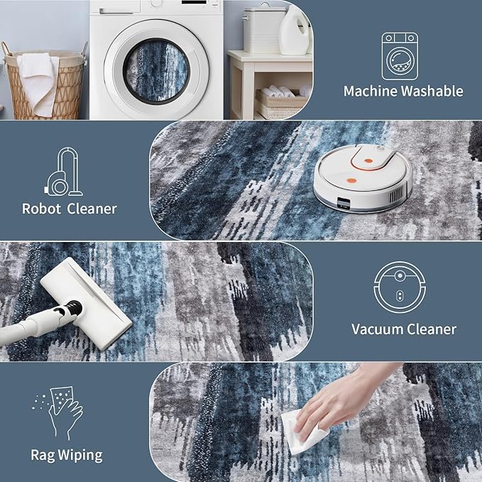 Ciicool 2x12 Washable Runner Rug, Modern Abstract Hallway Rugs Runner, Non-Slip Thin Accent Rug Lightweight Navy Grey Print Distressed Carpet for Laundry Entryway Bedroom Kitchen Indoor