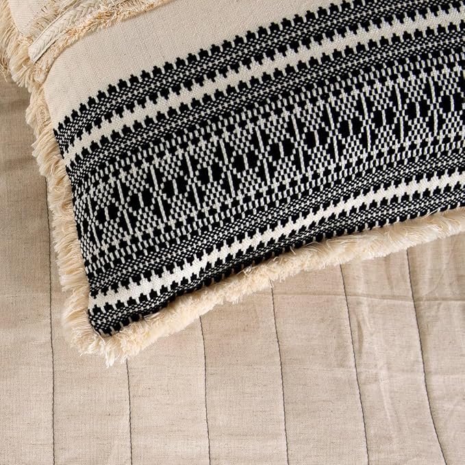 The HomeCentric Beige Bed Runner Without Pillow Cover, Full Size 68"x18" Decorative Bed Runner, Beige & Black Linen Bed Scarf in Quilted, Natural Linen with Lace - Moroccan Vibe