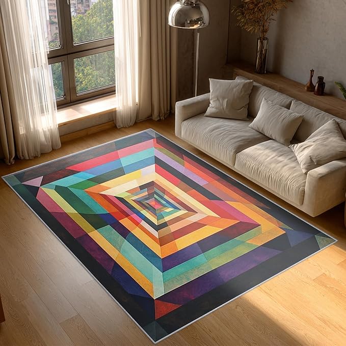 4x5 Colorful Geometry Rugs for Bedroom Decor, Washable Abstract Geometric Pattern Area Rug, Living Room Home Decoration, Non Slip Soft Thin, Abstract Art Decor Carpet PF-P 49