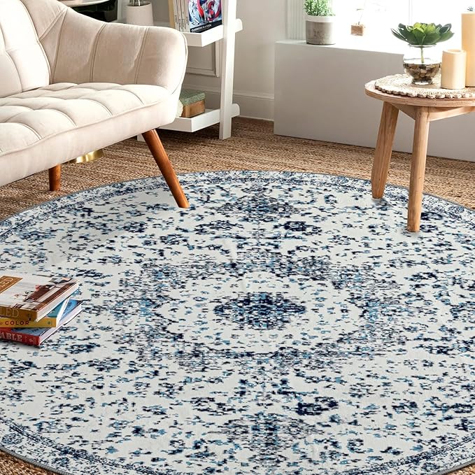 Easy-Going Round Rug 6ft Area Rug Washable Boho Circle Rugs for Living Room Non-Slip Bedroom Rug Low Pile Lightweight Floral Print Vintage Throw Rug for Dining Room Kitchen Home Office, Blue Cream