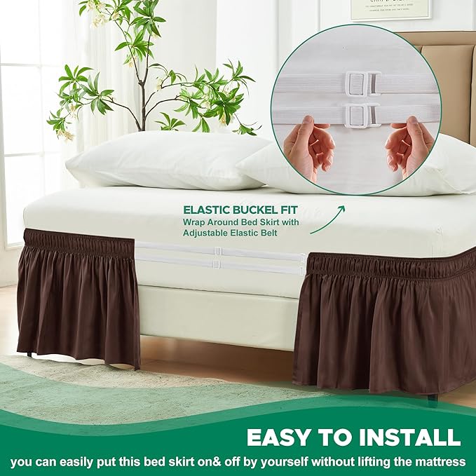 Biscaynebay Wrap Around Bed Skirts for King & Cal King Beds 17" Long Drop, Brown Adjustable Elastic Dust Ruffles Easy Fit Wrinkle & Fade Resistant Silky Luxurious Fabric Solid Machine Washable