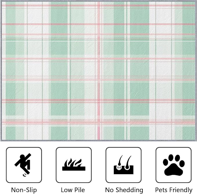 Plaid Rug 3x5 - Mint Green Tartan Gingham Rugs for Bedroom Non Slip Low Pile Machine Washable Area Rugs for Living Room Kitchen, Plaid Carpet House Decor & Gifts