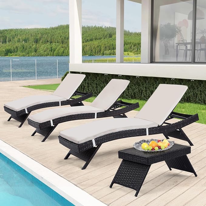 Outdoor Chaise Lounge Chairs + Coffee Table Set of 4