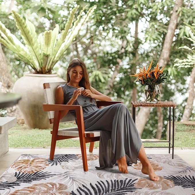 CAMILSON Indoor Outdoor Rug, Yellow 5x7 Leaf Tropical Botanical Area Rugs for Indoor and Outdoor patios, Easy-Cleaning Non-Shedding Living Room, Garden and Kitchen Washable Outside Carpet (5 x 7)