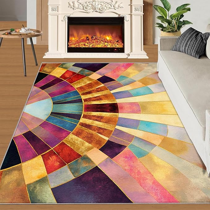 Chromatic Geometric Area Rugs 5x8ft, Abstraction Deco Living Room Carpet, Mosaic Sunburst Decorative Carpet Protect Floor for Bedroom Men Office Hardwood Floors