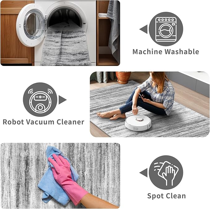 3x8 Washable Runner Rug for Family: Easy-to-Clean Runners for Hallway Entryway Kitchen Bedroom - Stain and Water Resistant Rugs with Non-Slip Backing - Soft Low-Pile Carpet Grey
