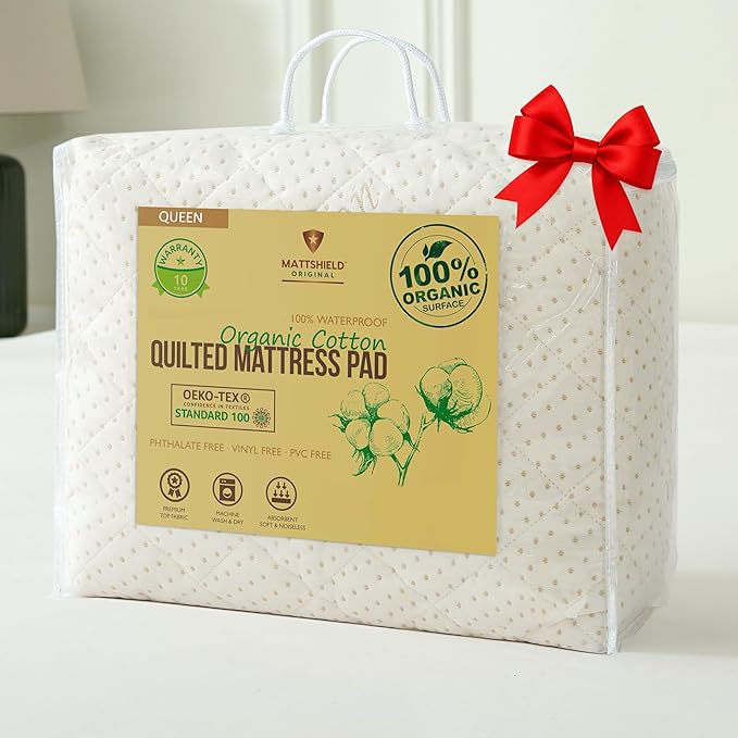 Luxury Quilted Organic Cotton Mattress Protector Queen - Premium 380 GSM Waterproof & Breathable Pad - Deep Pocket Fitted Cover - Soft & Silent Protection