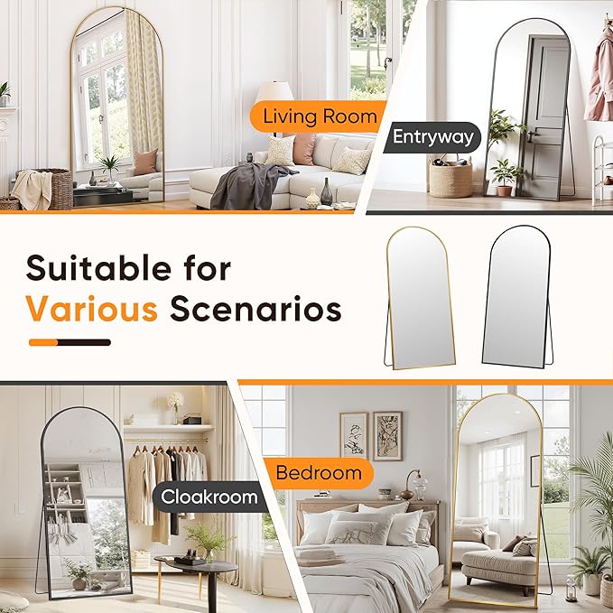 Suidia Full Length Mirror, 76"x34" Floor Standing Mirror Freestanding, Full Body Mirrors with Stand for Bedroom, Hanging Mounted for Living Room Cloakroom, Gold, Arched Style