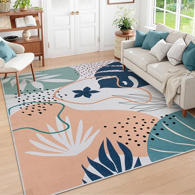 Lahome 4x6 Area Rugs for Bedroom - Washable Non-Slip Rugs for Entryway Stain Resistant Ultra-Thin Soft Floor Rug for Office, Boho Botanical Print Non-Shedding Indoor Rugs for Living Room Kitchen
