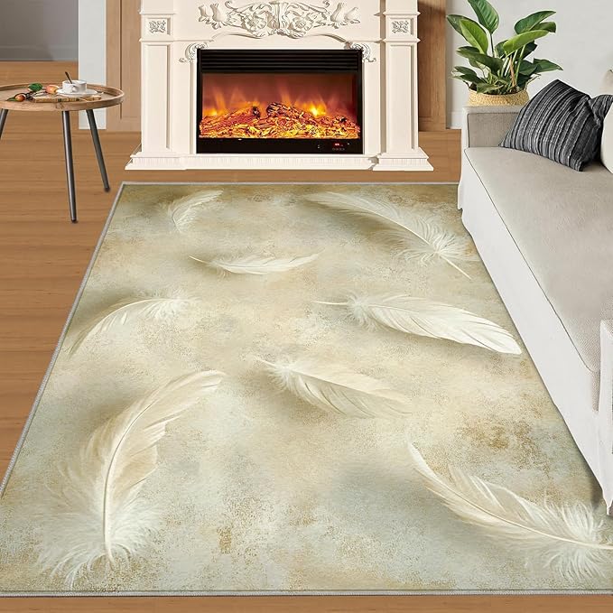 8x10 Feathers Rugs for Living Room - Minimalist Feathers Large Area Rug, Natural Still Life Modern Boy Nursery Rug Soft Washable for Classroom Office Bedroom Kids Room