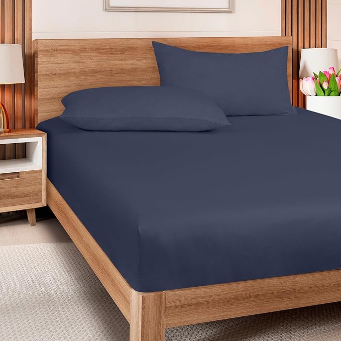 ROYALE LINENS 300 Thread Count 100% Long Staple Combed Cotton Fitted Sheet Twin - Super Soft Deep Pocket Bottom Sheet - Fitted Sheets Only - Elastic Sheets (Twin, Navy)