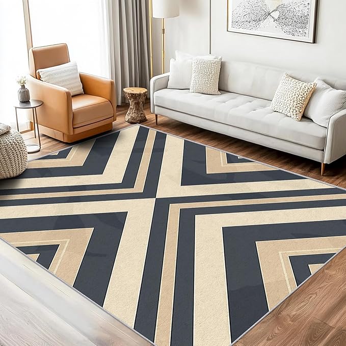 Modern Geometric Rug, Washable 4x5 Rug for Living Room, Herringbone Chevron Patterned Indoor Carpet, Modern Geometric Decor for Home, Bedroom, Soft Non Slip Thin Design FER75