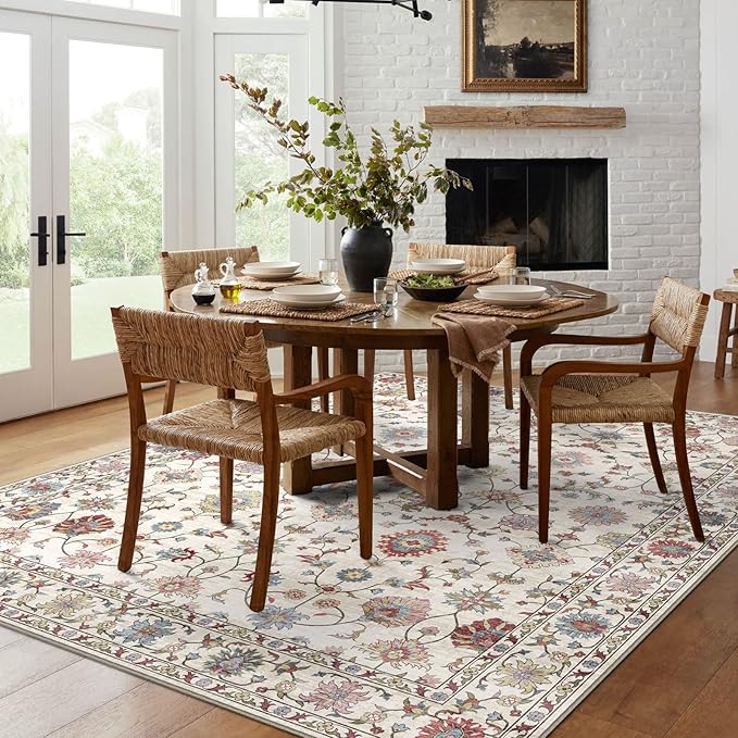 Area Rugs 10x14 Living Room - Large Washable Cream Boho Rugs for Bedroom Soft Vintage Rug Ultra-Thin Colorful Traditional Floral Carpet Bohemian Rug for Dining Room Guest Room Home Decor