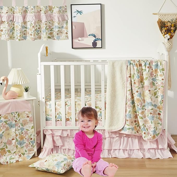 Brandream Crib Bed Skirt for Baby Girls Boys Blush Pink Boho Bohemian Solid Cotton Toddler Bedskirt Farmhouse Chic Ruffle
