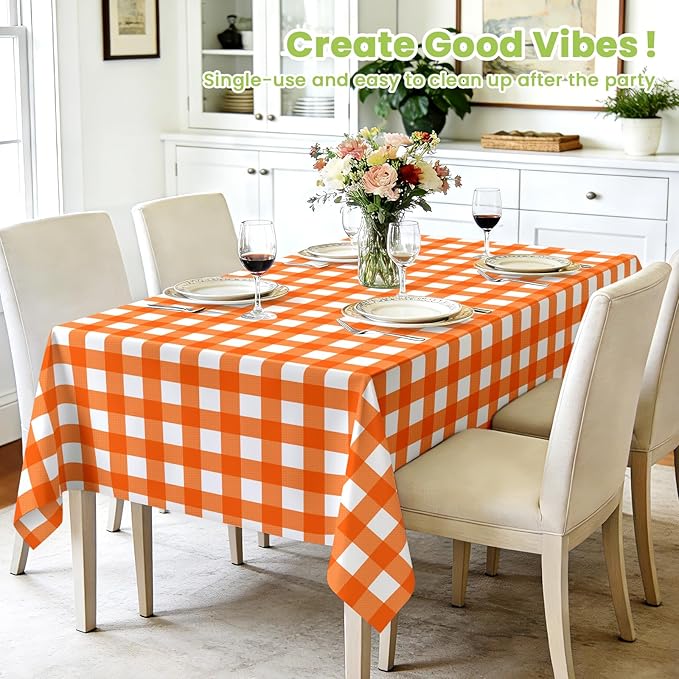 Mulbozy Orange Gingham Tablecloth 4 Pack, 54 x 108 Inch Plastic Table Cloth Disposable, Orange and White Checkered Table Cover for Party Supplies