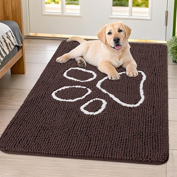 Smiry Dog Door Mat for Muddy Paws, Absorbent Dirt Trapper Non Slip Quick Dry Washable Chenille Mat for Mud Dogs, Entry Rug for Indoor and Outdoor (40x32 Inches, Brown and White)