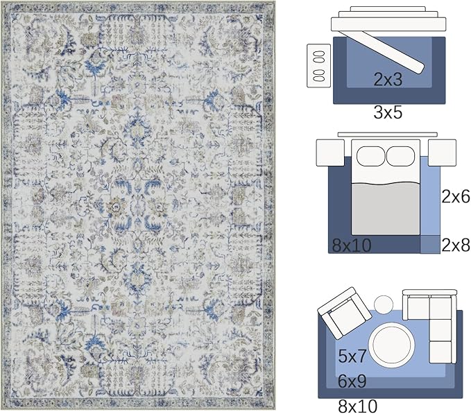 jinchan Kalen Area Rug 4x6 Washable Bedroom Rug Soft Vintage Indoor Thin Retro Distressed Floor Cover Blue Floral Country Boho Non Slip Living Room Bathroom Kitchen