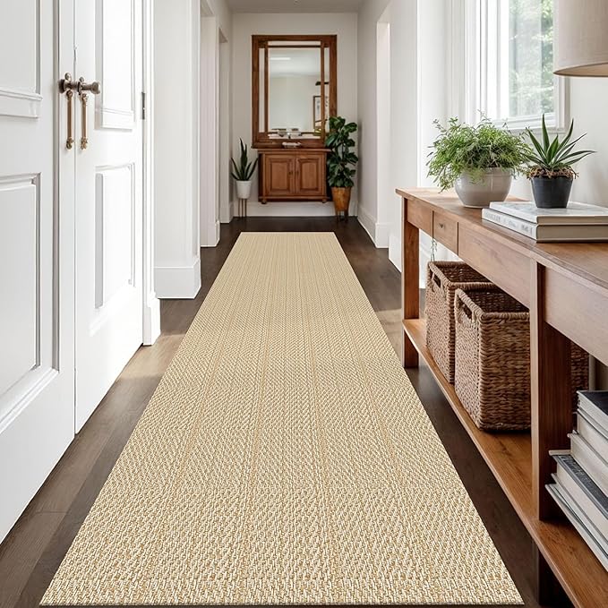 IOHOUZE Washable Runner Rug 3x12 Non Slip Rubber Backed Extra Long Hallway Runner Entryway Runner Indoor, Kitchen Rugs Woven Cotton Carpet for Hall Entrance Stair, Warm Beige/Orange/Apricot