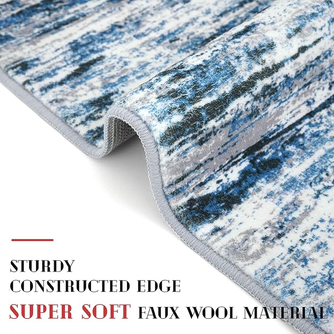 Modern Abstract Runner Rug 2.6x12, Grey Blue White Washable Long Kitchen Runner Non-Slip Soft Hallway Rug Runner Thin Print Faux Wool Carpet for Entryway Bedroom Laundry Room Indoor Home Decor