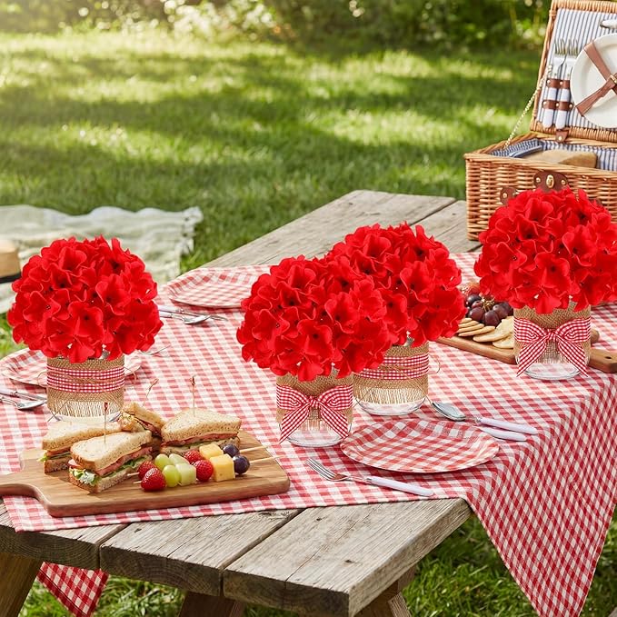Daifunli 6 Set Picnic Party Centerpieces for Table Mason Jar Table Decor with Artificial Flowers Red Gingham Ribbon for Picnic Birthday Party BBQ Baby Shower Wedding(6,Hydrangea)