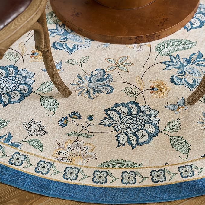 jinchan Elora 7ft Floral Round Rug for Dining Room Washable Living Room Rug Vintage Romance Design Non Slip Indoor Floor Cover Lightweight Low-Profile Throw Carpet for Bedroom Porch Patio, Blue/Beige