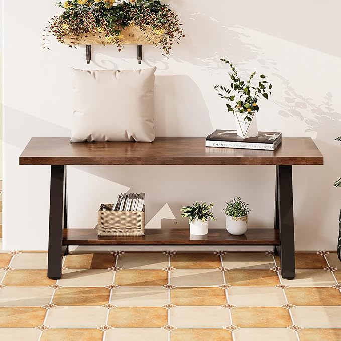 43" Farmhouse Wood Bench Industrial Entryway Bench Rustic Wood and Metal Shoe Storage Bench for Entryway, Living Room, Dining Room