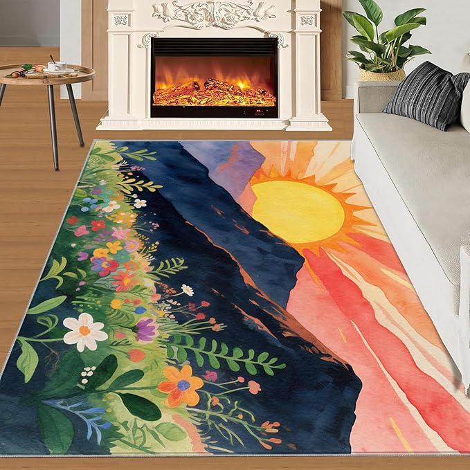 Boho Sun Area Rugs 5x6ft, Minimalist Line Rugs for Kids Bedroom, Geometric Solar Office Rug Low Pile are Not Stumbling Foot for Living Room End Table Nursery