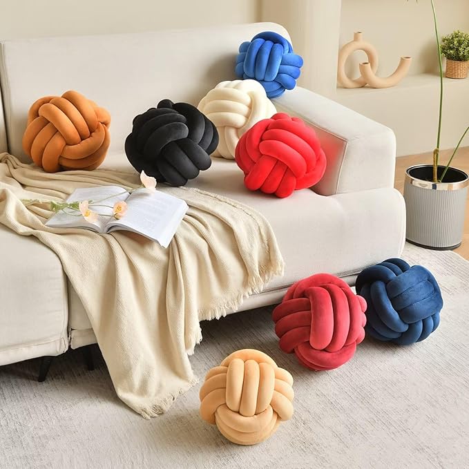 Decorative Throw Knot Pillow Ball for Home Chair Sofa Aesthetic Round Velvet Knotted Pillow Cushion (Black, 8 inches)