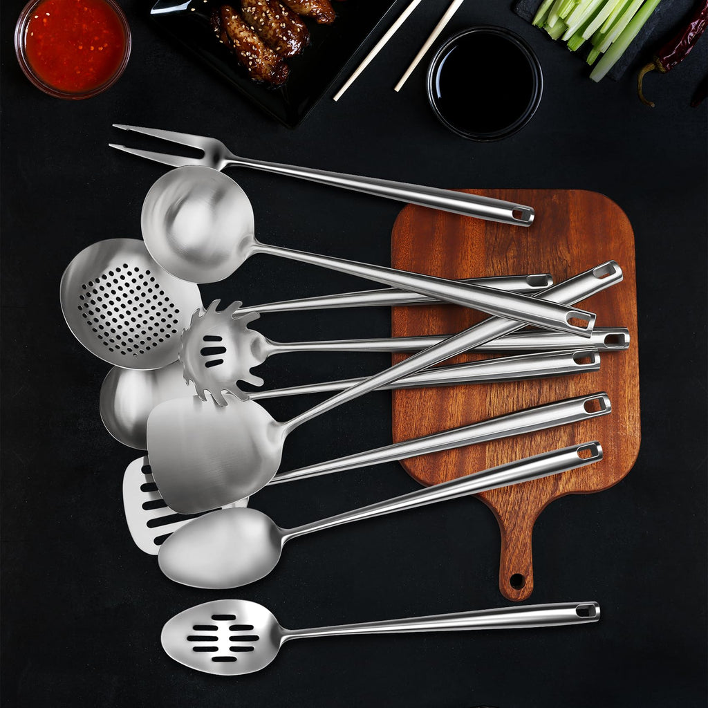 18/10 Stainless Steel Cooking Utensils Set,9 Pcs Professional All Metal Stainless Steel Kitchen Utensils Set with Wok Spatula,Soup Ladle,Skimmer,Slotted Spatula Turner, Large Spoon(Dishwasher Safe)