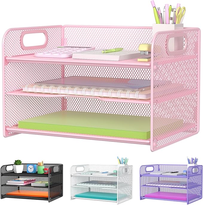Samstar 3 Tier Pink Letter Tray Paper Organizer with Handle, Mesh Desk Organizer Paper Sorter File Rack Shelves, Pink
