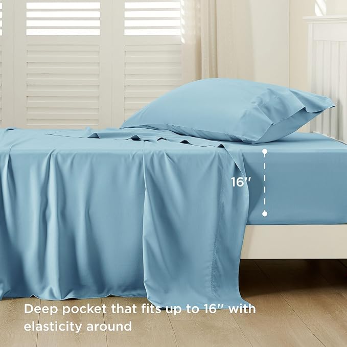 Bedsure Cooling Sheets Twin XL, Rayon Derived from Bamboo, Breathable & Soft Twin XL Sheet Sets, Deep Pocket Up to 16 Inches, Hotel Luxury Silky Dorm Bedding for Hot Sleepers, Aqua