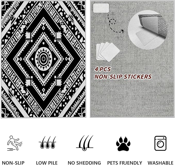 Area Rugs for Living Room 2x3, Moroccan Washable Low Pile Rug, Boho Neutral Farmhouse Ultra Soft Carpet for Bedroom Dining Room Home Decor, Geometric Print Tribal Carpets Black and White