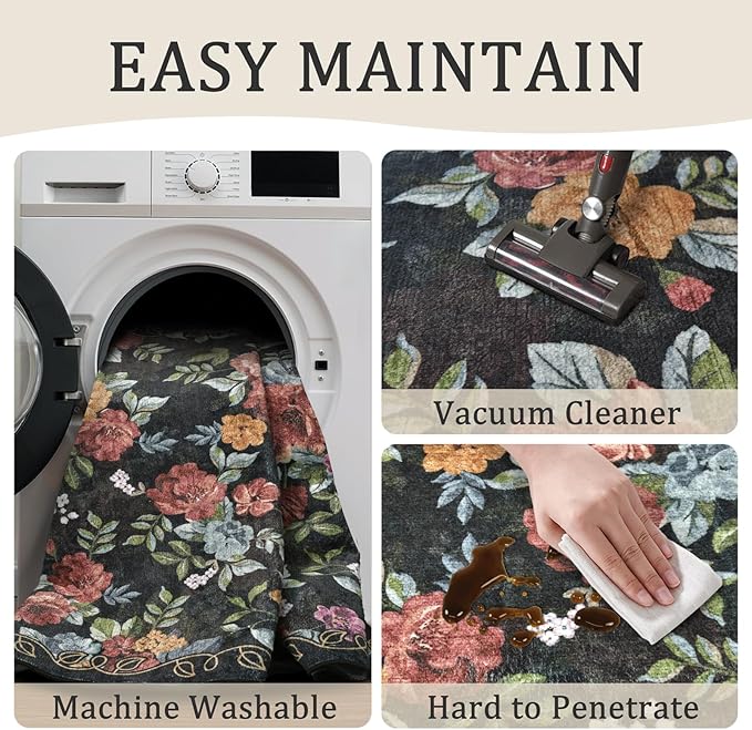 2x3 Machine Washable Area Rug for Entryway, Black Vintage Boho Floral Rug Non-Slip Low Pile Soft Faux Wool Small Carpet, Kids and Pets Friendly for Bedroom Kitchen Hallway Bedside Home Decor Rug