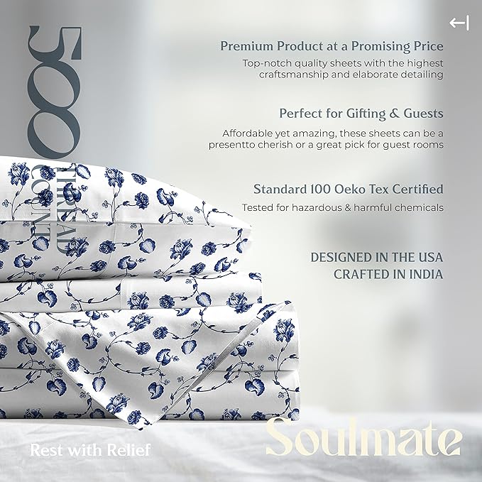 Mayfair Linen 100% Cotton Printed Bed Sheets King Size Set - 500 Thread Count Cotton Sheets for King Size Bed, 4 PC Set (Floral Blue), Soft, Cooling, Sateen Hotel Quality 16" Deep Pocket Bedsheet