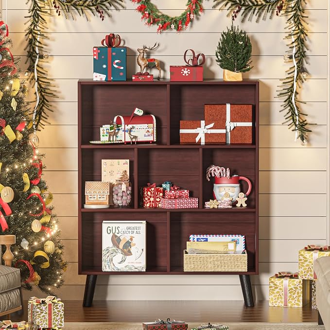 YAHARBO Walnut Bookshelf, 3 Tier Book Shelf