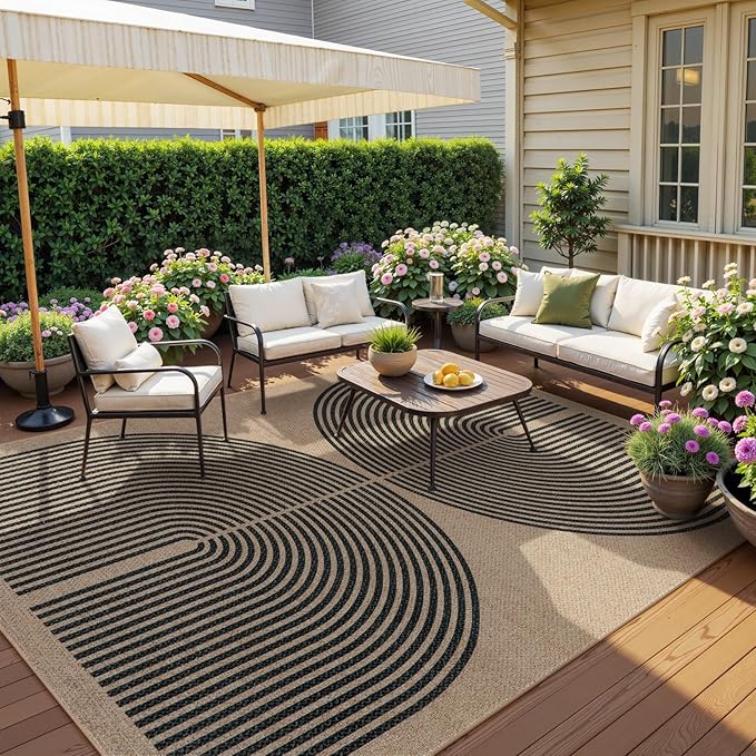 Lahome Modern Rainbow Easy Jute 9x12 Rug, Large Outdoor Patio Rug Farmhouse Indoor Outdoor Living Room Carpet, Contemporary Non Slip Non Shedding Nature Carpet for Dining Room Basement Backyard