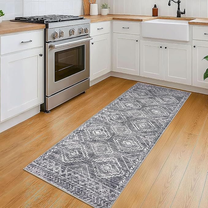 KILOCOCO Boho Kitchen Runner Rug 2x5 Washable Runner Rug Soft Runners for Hallways Non Slip Printed Distressed Laundry Room Rugs, Low-Pile Runners for Entryway Bedroom Living Room, Grey