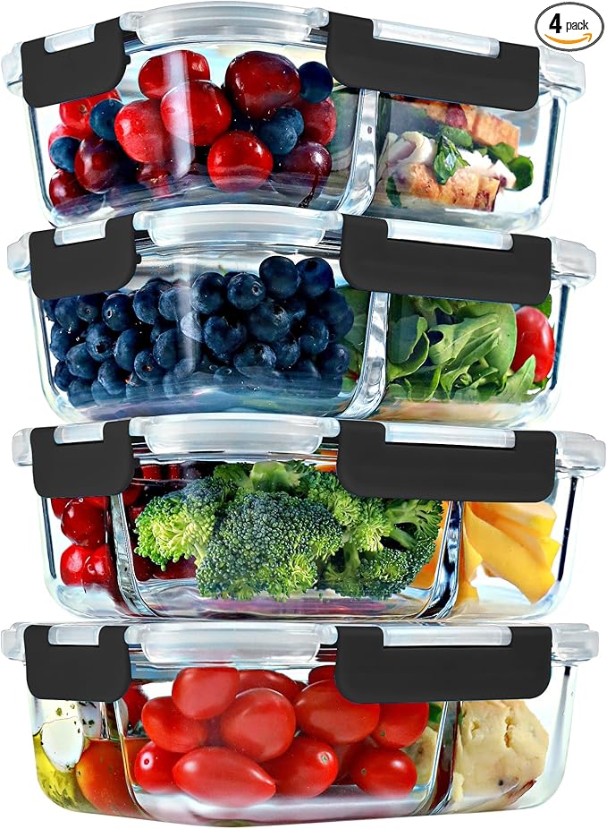 FIT Strong & Healthy Glass Meal Prep Containers, 2 & 3 Compartments – 32 oz Glass Containers with Lids, Food Storage with Black Lids, Oven & Freezer Safe, Leak-Proof Bento Box Adult, 4 Pack