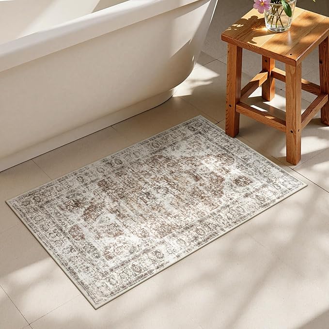 Uphome Boho Bathroom Rugs, Distressed Farmhouse Khaki Bath Mat, Comfy Velvet Small Bath Rugs Non Slip Washable, Vintage Oriental Toilet Rug for Sink Shower Vanity, 20x32 inch
