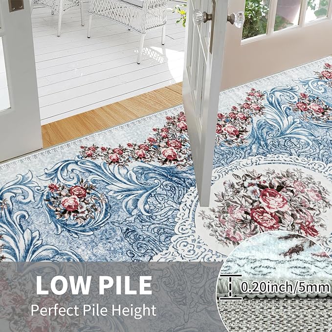 Easy-Going Area Rug 4x6 Washable Floral Rugs for Living Room Non-Slip Bedroom Rug Low Pile Lightweight Retro Flowers Throw Rug for Dining Room Kitchen Home Office Carpet, Teal Red