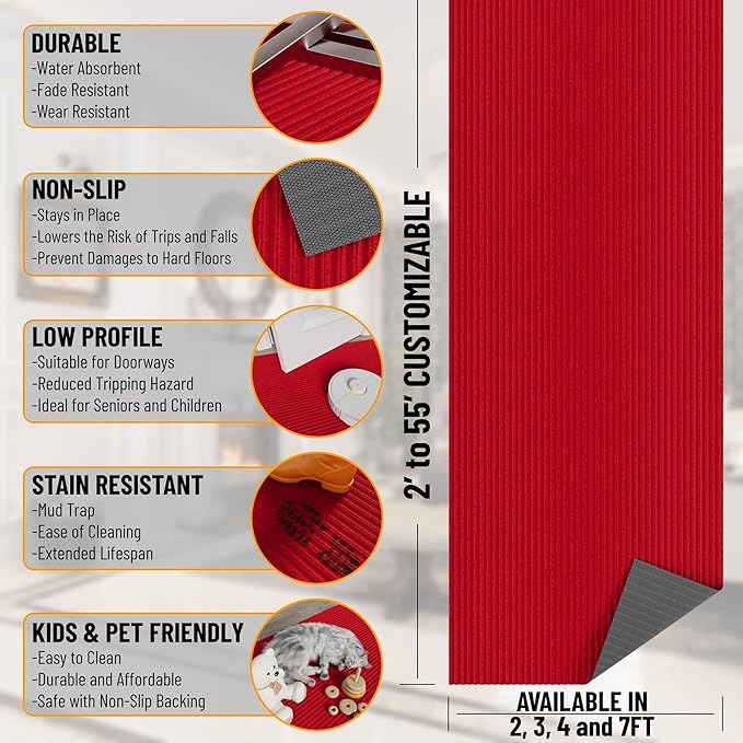 Ottomanson 2' x 24' Hallway Runner with Scraper Pile - Extra Durable Non-Slip Rug Mat for Indoor & Outdoor Use - Ideal for Kitchen, Entryway, Patio & Garage - High-Traffic Carpet, Red