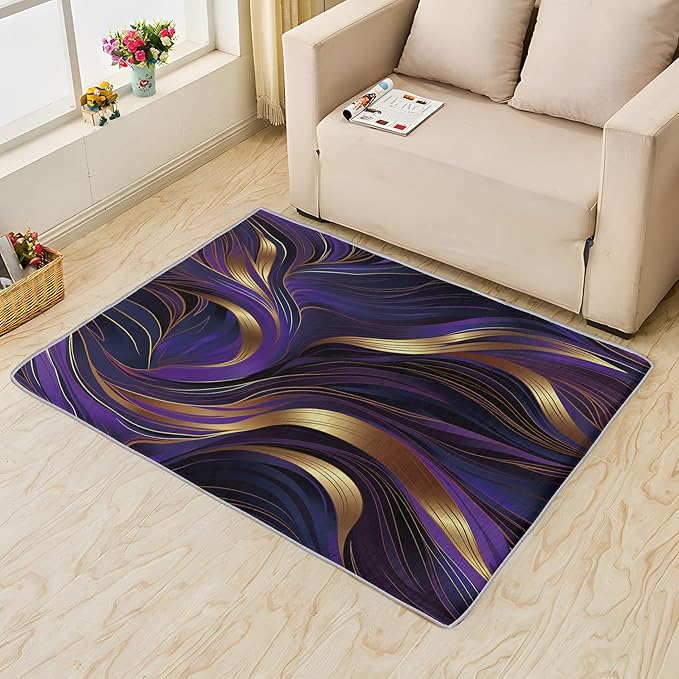 Purple and Gold Rug, 4x6 Rug, Luxury Rugs for Living Room Bedroom, Abstract Large Area Rug, Washable Rug Non Slip Soft Indoor Carpet, Purple and Gold Home & Room Decor
