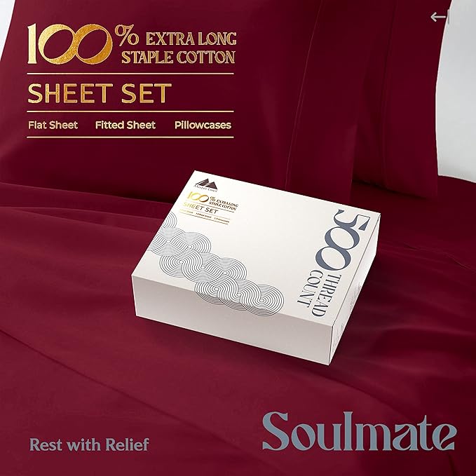 Mayfair Linen 500 Thread Count Split King Sheets Sets for Adjustable Bed - 5 PC Split King Size Bed Sheet Set Cotton (Burgundy), Soft, Cooling, Sateen 16" Deep Pocket Bedsheet (Fits 18" Mattress)