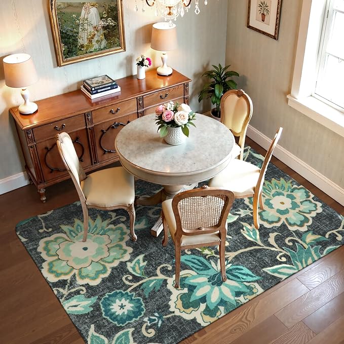 Lahome Floral Machine Washable Area Rugs - 5 x 7 Rugs for Living Room Non-Slip Lightweight Carpet for Bedroom Throw Soft Boho Rug, Blue Paisley Print Indoor Floor Rug for Office Dining Room Kitchen