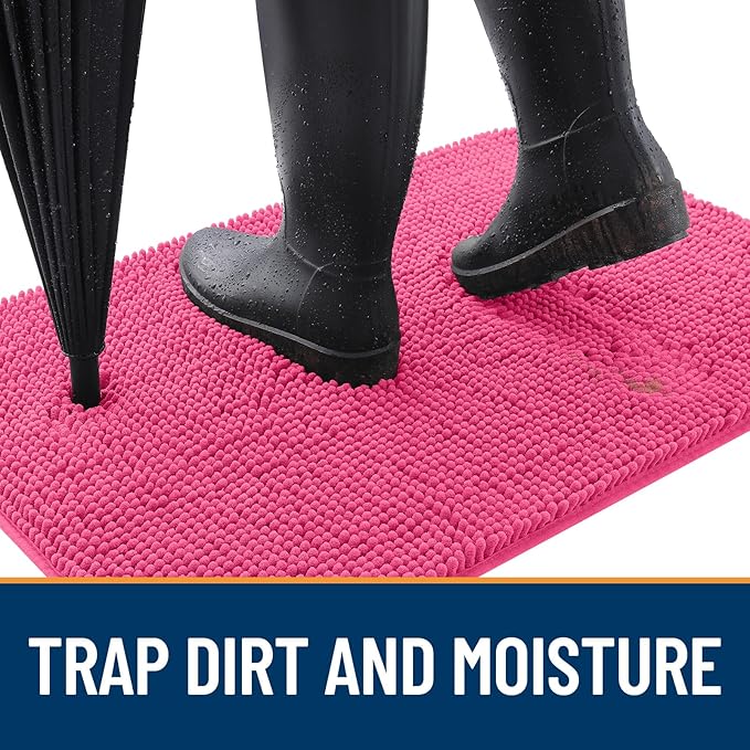 OLANLY Dog Door Mat for Muddy Paws 59x20, Absorbs Moisture and Dirt, Absorbent Non-Slip Washable Doormat, Quick Dry Chenille Mud Mat for Dogs, Entry Indoor Entryway Carpet for Inside Floor, Hot Pink