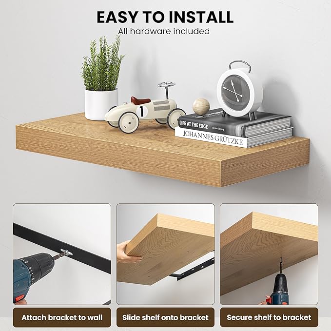 Dreamland 36" Floating Shelves for Wall, 12" Deep Thicker Oak Floating Shelves, Wall-Mounted Shelves for Bedroom, Living Room, Kitchen, Bathroom - Set of 2