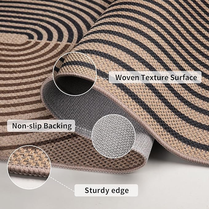 Tangsoo Rainbow Easy Jute Rug 2.6x10 Washable Runner Rug for Hallways,Non-Slip Thin Black Outdoor Rug,Modern Farmhouse Carpet for Porch Laundry Bedroom Living Room Entryway