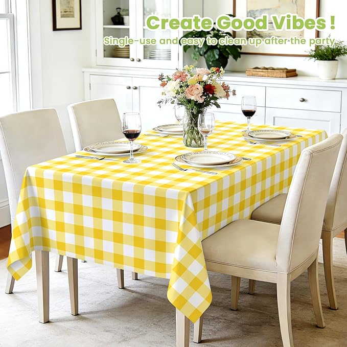 Mulbozy 4 Pcs Yellow Checkered Tablecloth 54 ×108 Inches Rectangle Yellow Gingham Tablecover Disposable Plastic Waterproof Table Cover for Outdoor Picnic, Kitchen, Holiday Birthday Party